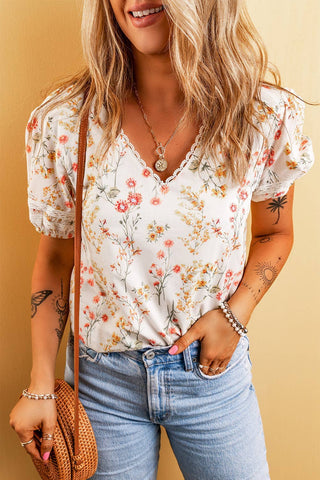 Boho Western Floral Lace Short Sleeve Blouse