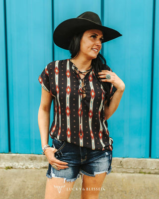 Western Aztec Short Sleeves Front Tie Top