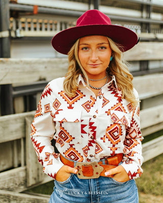 Cream Button down Western Aztec Long Sleeve Shirt