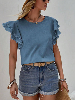 Round Neck Loose Ruffle Short Sleeve