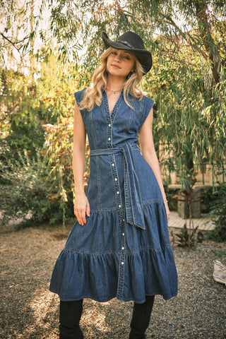 Cowgirl Belted Button Up Tiered Midi Denim  Dress