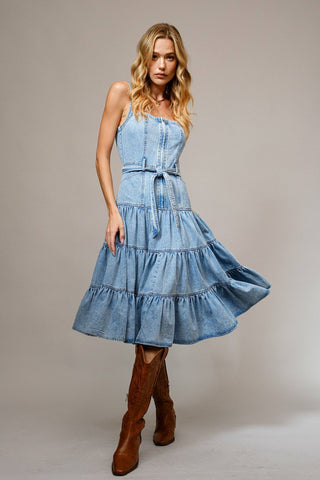 Cowgirl Washed Tiered Zip Midi Dress