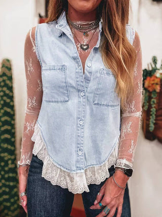 The Sleeveless Denim Retro Western Patchwork Lace Hem Vest