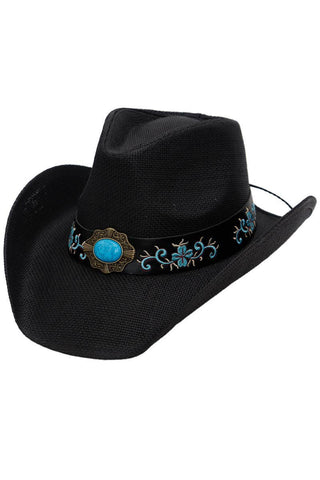 Turquoise Concho Belt Hard Shell Black Straw Cowboy Hat