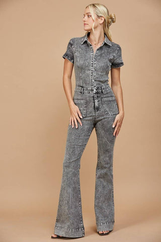 Western Bellbottom Denim Jumpsuit Charcoal