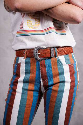 Multi Stripe Denim Bellbottom Jeans