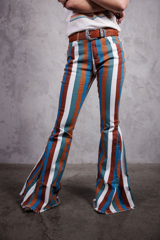 Multi Stripe Denim Bellbottom Jeans