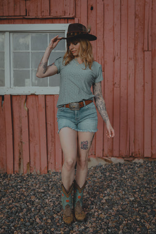 Buckled  V Neck Punching Lace Tulip Sleeve Tee
