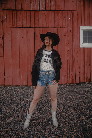 Washed Rivet Fringe Black Denim Jacket