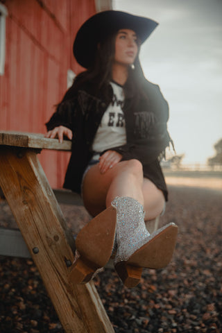 Washed Rivet Fringe Black Denim Jacket