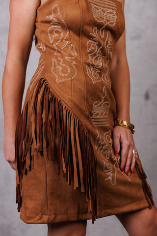 Camel Suede Boot Stitch Embroidered Fringe Dress