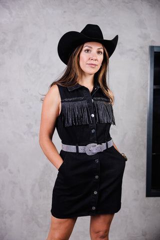 Pocket Rhinestone Fringe Sleeveless Denim Dress