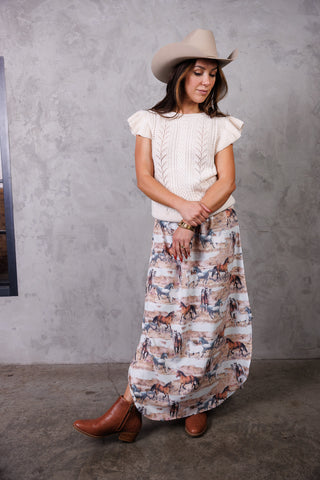 Horse Print Smock Waist Maxi Skirt