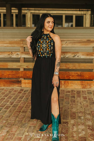 Black Embroidered Halter Maxi Dress