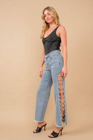 Stretch Denim Jeans with Side Jewel Trim