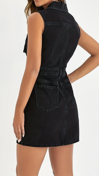 Pocket Rhinestone Fringe Sleeveless Denim Dress