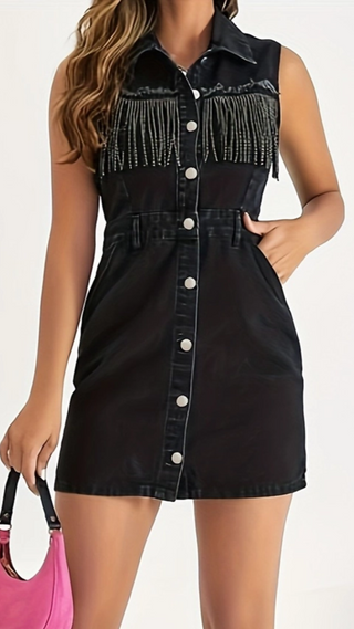 Pocket Rhinestone Fringe Sleeveless Denim Dress