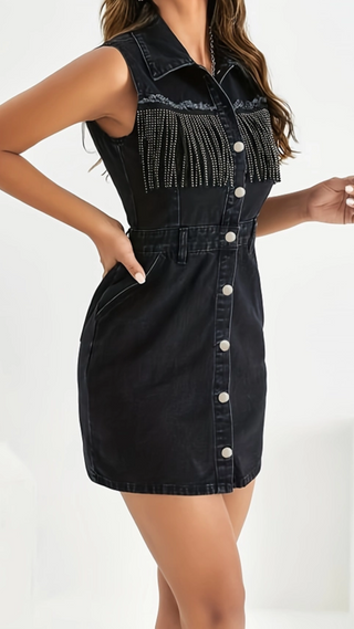 Pocket Rhinestone Fringe Sleeveless Denim Dress