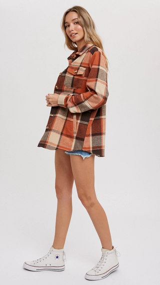 Long Sleeves Flannel Plaid Shacket with Pockets