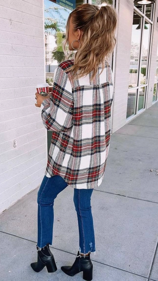 Red and White Plaid Shacket Coat